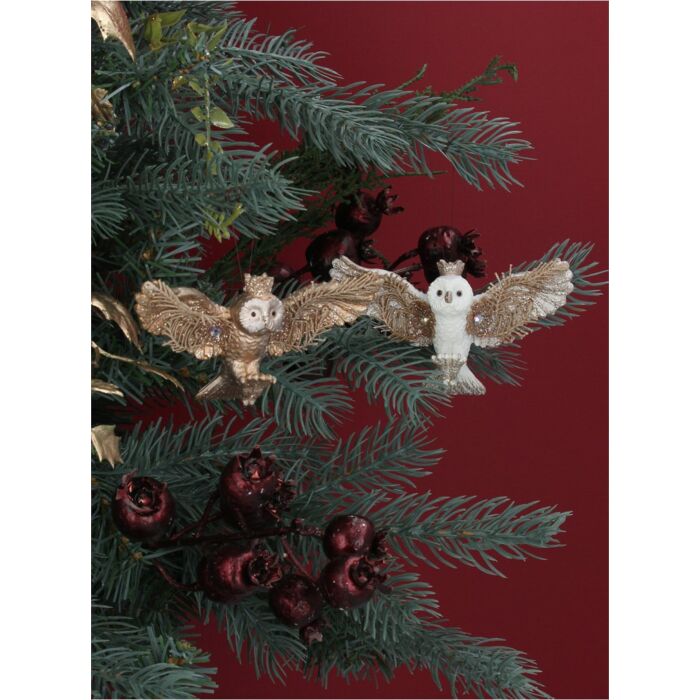 Gisela Graham Cream/Gold Diamante Owl Tree Decoration x2